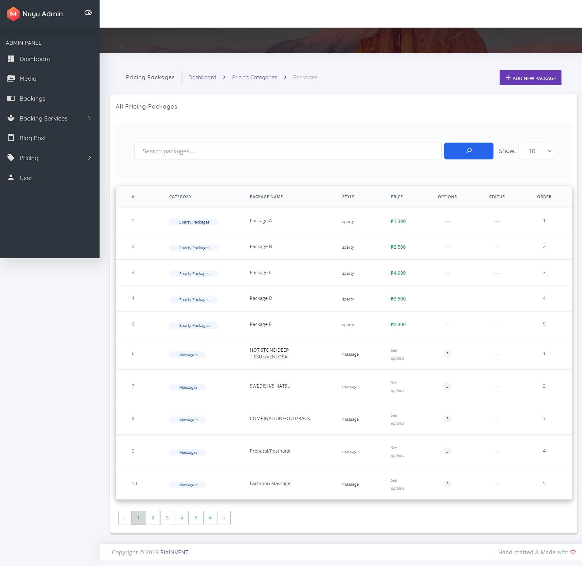Pricing Packages List