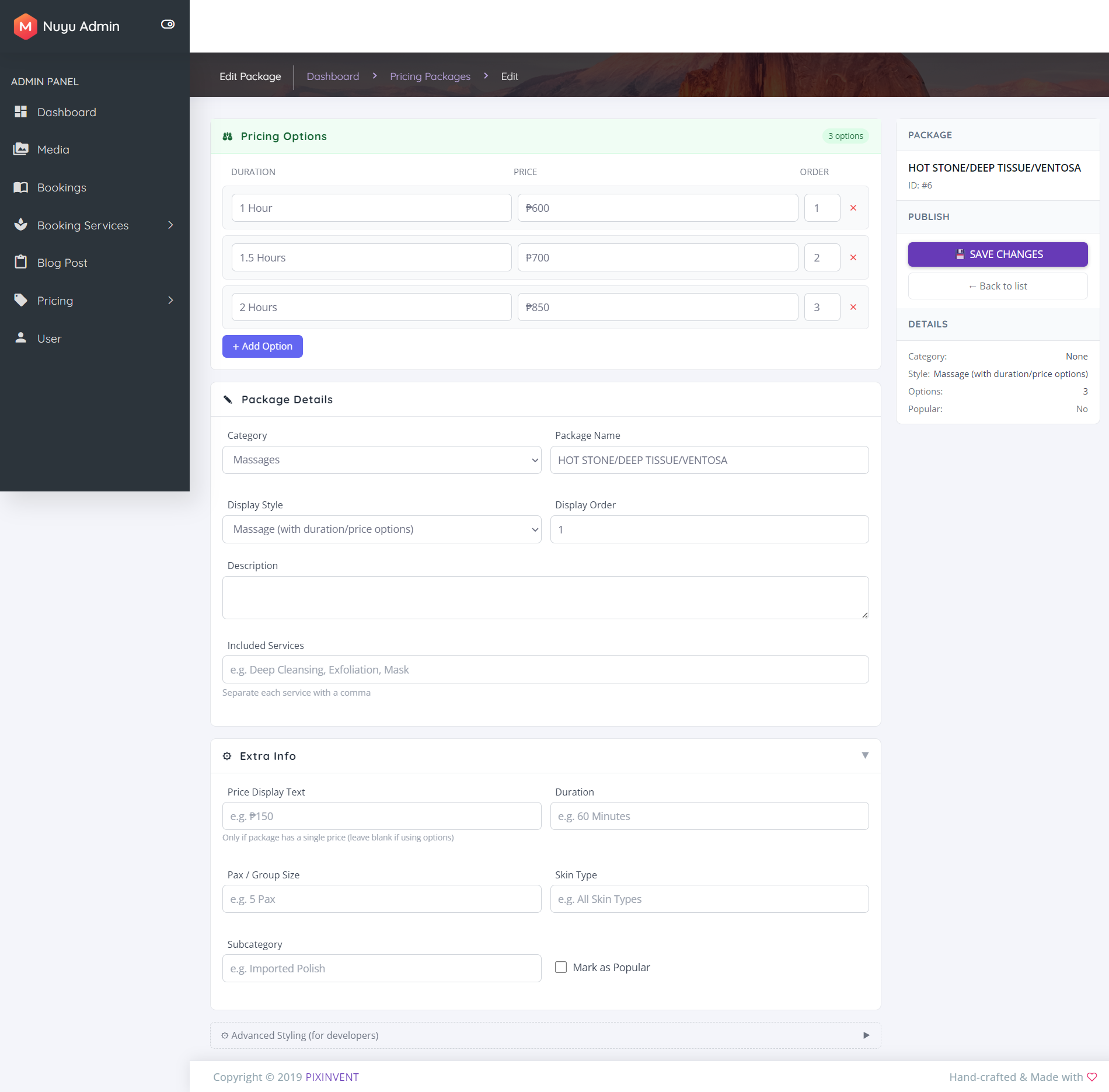Edit Package with Options